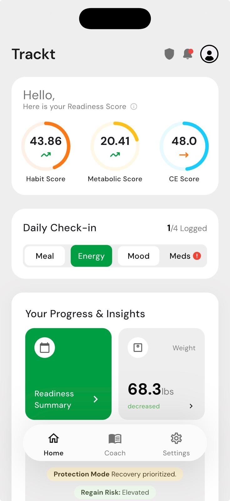 Trackt dashboard screen showing readiness score, daily check-in, and progress insights.