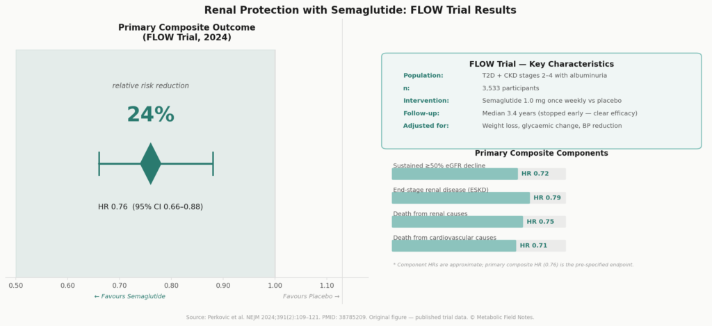 FLOW trial results semaglutide 24% reduction in kidney disease progression composite outcome, HR 0.76