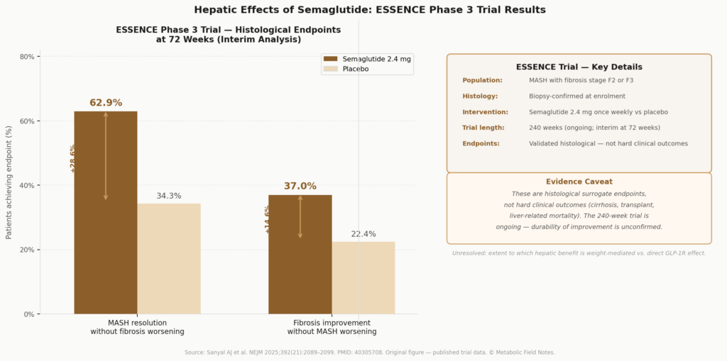 ESSENCE Phase 3 trial results: semaglutide 62.9% vs placebo 34.3% MASH resolution without fibrosis worsening at 72 weeks
